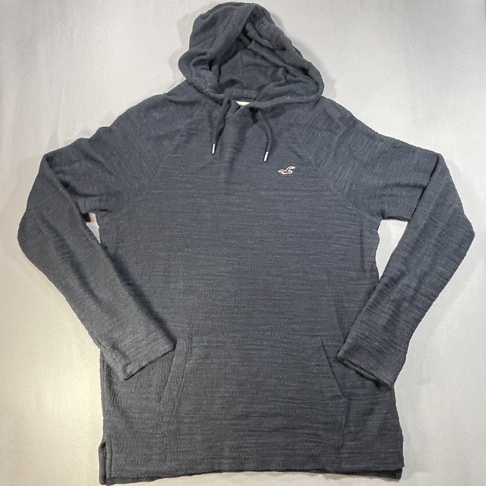 Hollister Hoodie Mens Large Navy Blue Textured Slub Pullover Logo Sweatshirt